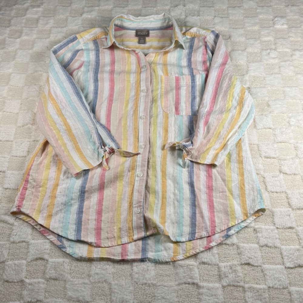 Chicos Women's Button Shirt 3/4 Sleeves Pastel Stripes w/ Metallic Thread Size 1